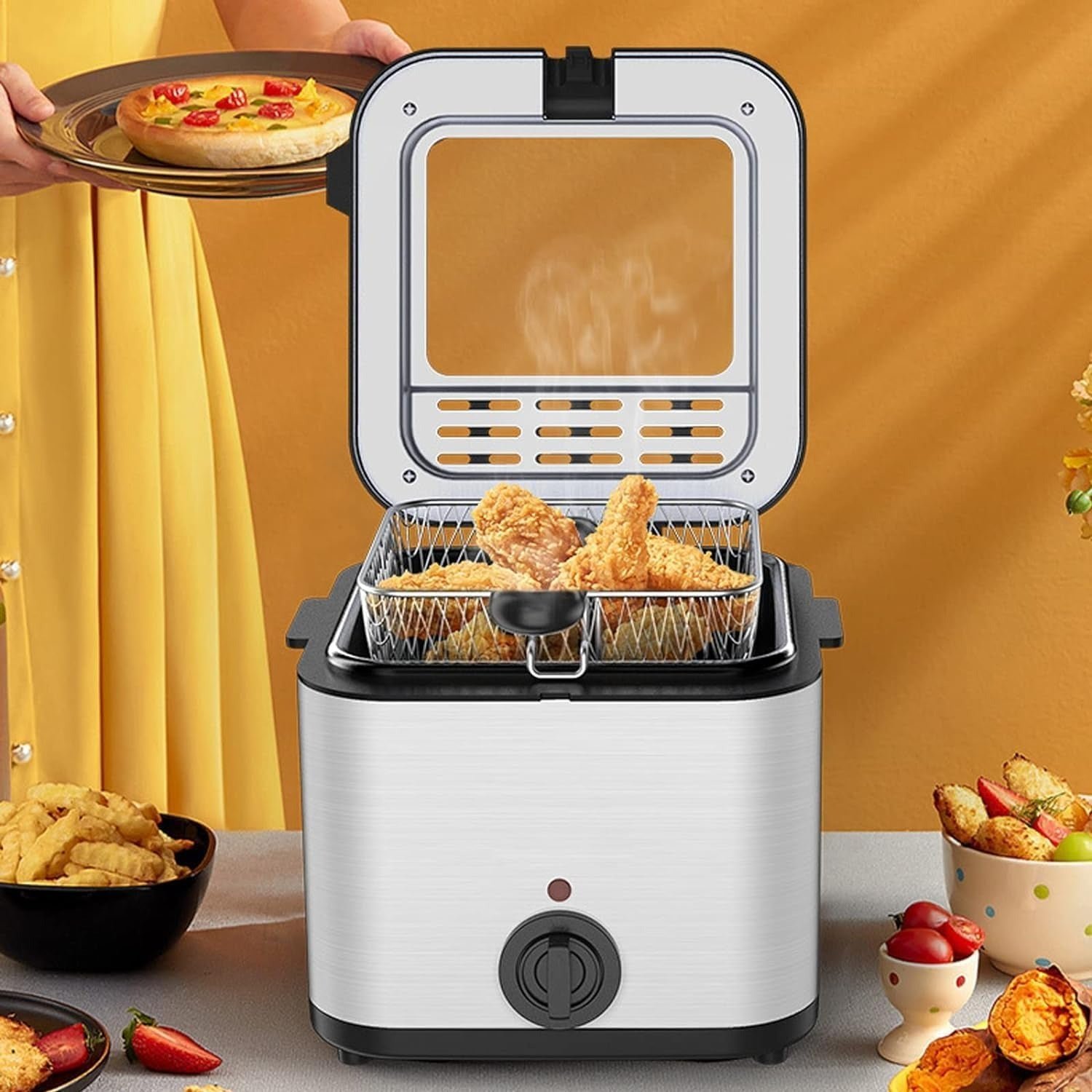 2.5L Mini Electric Deep Fat Fryer – Stainless Steel with Basket & Oil Filter Lid - Image 2