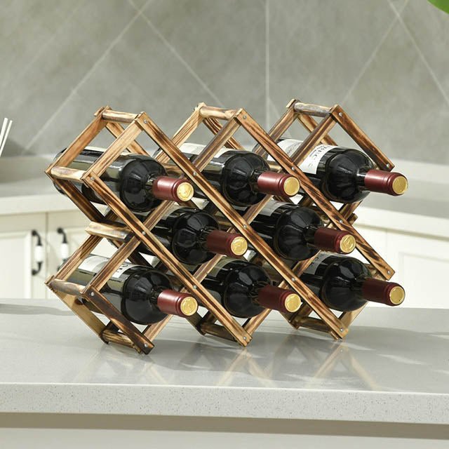 10-Bottle Folding Wooden Wine Rack – Compact Wine Storage Display