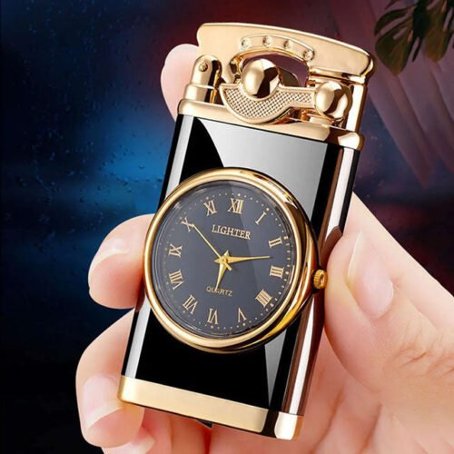 2-in-1 Pocket Lighter with Clock – Refillable Windproof Torch Sturdy Metal Build